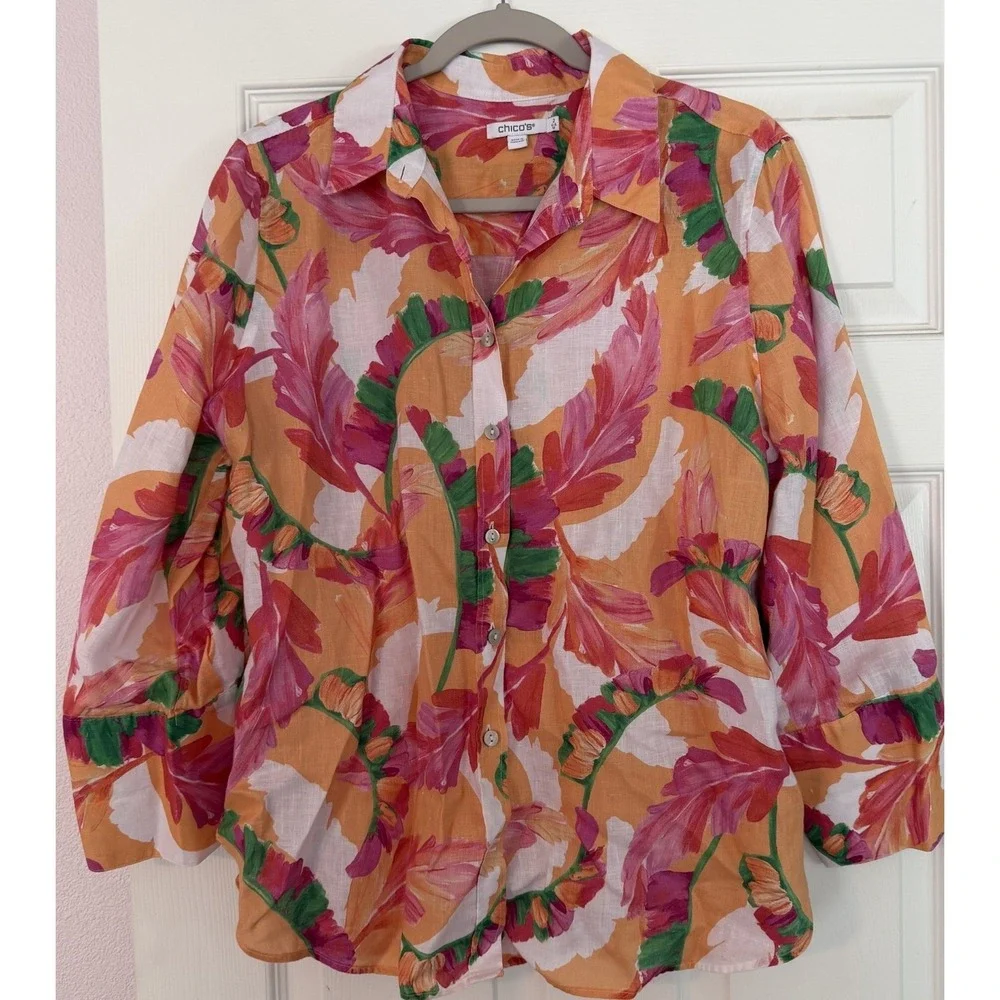 Chicos Blouse 2 (Sz 12) 100% Linen Vibrant Floral 3/4 Sleeve Button Up Wide Cuff
